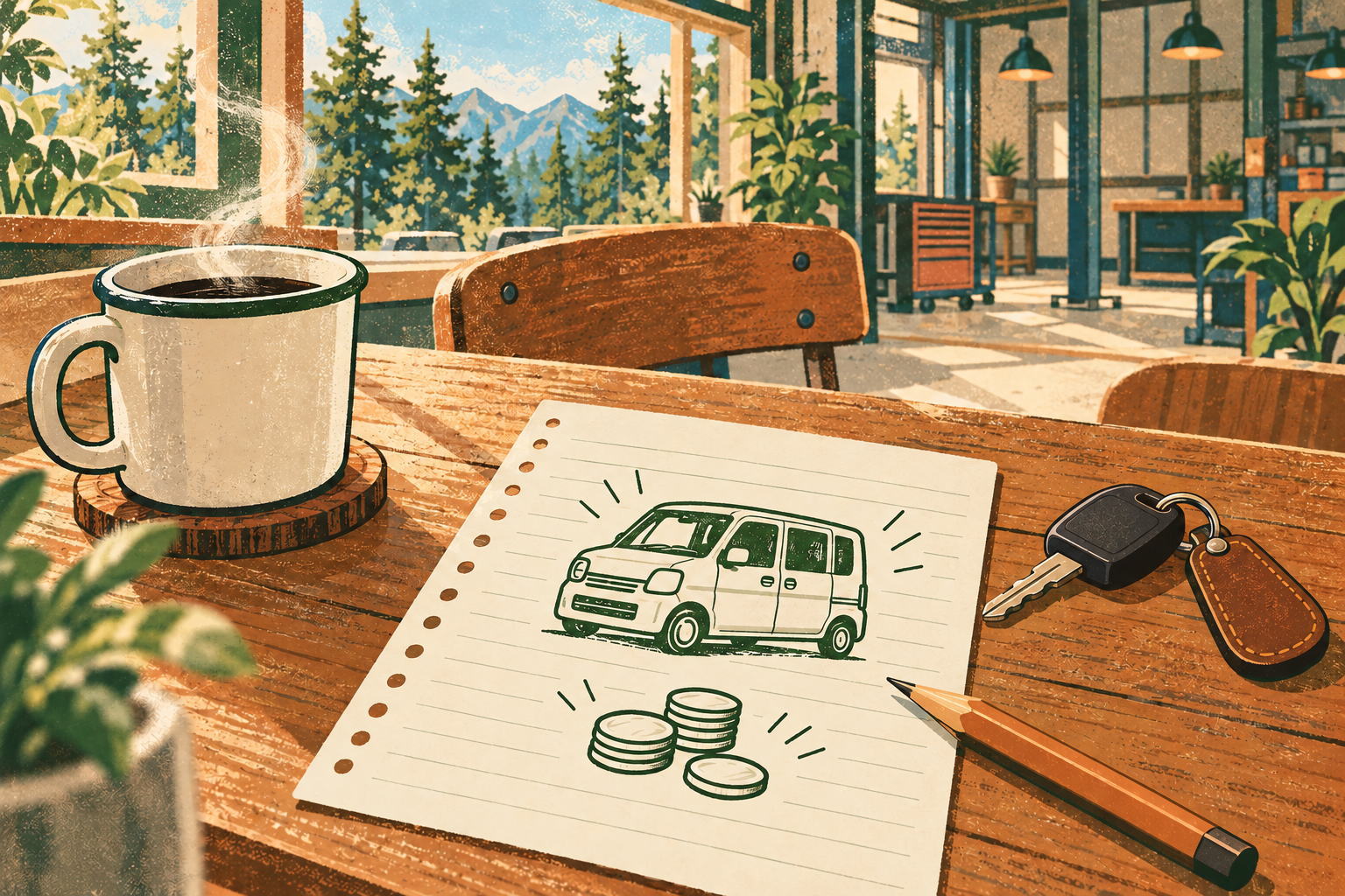 車の線画とコインを描いたメモ、キー、マグカップが並ぶテーブルのイラスト