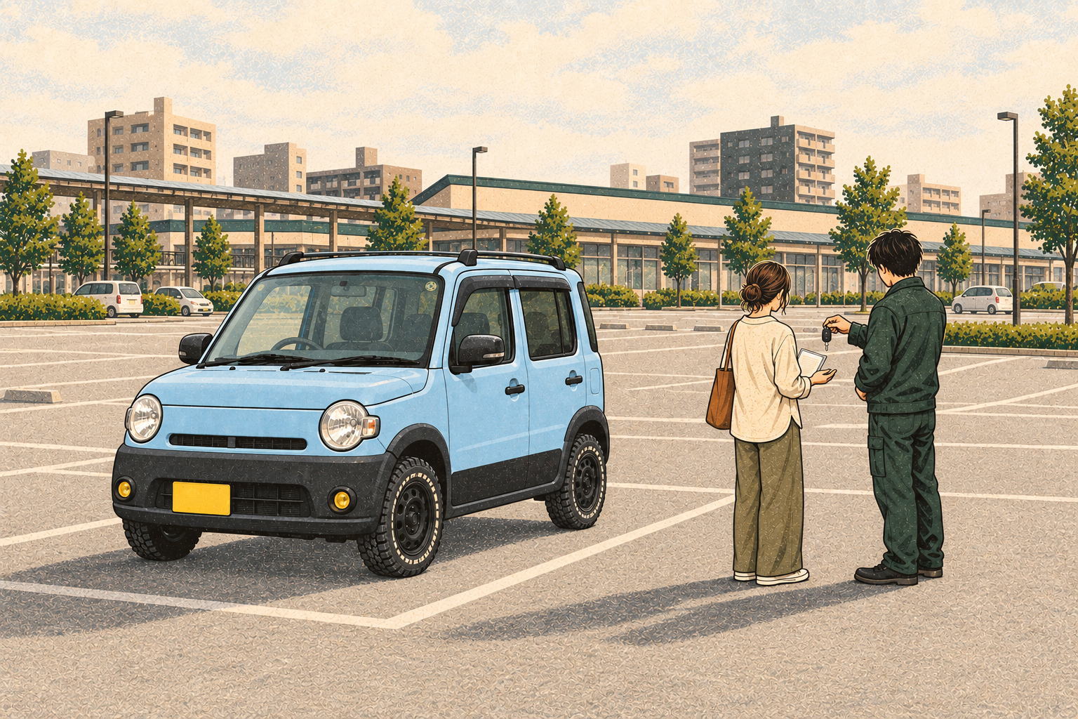 水色の軽自動車のキーが手渡される、納車の場面のイラスト