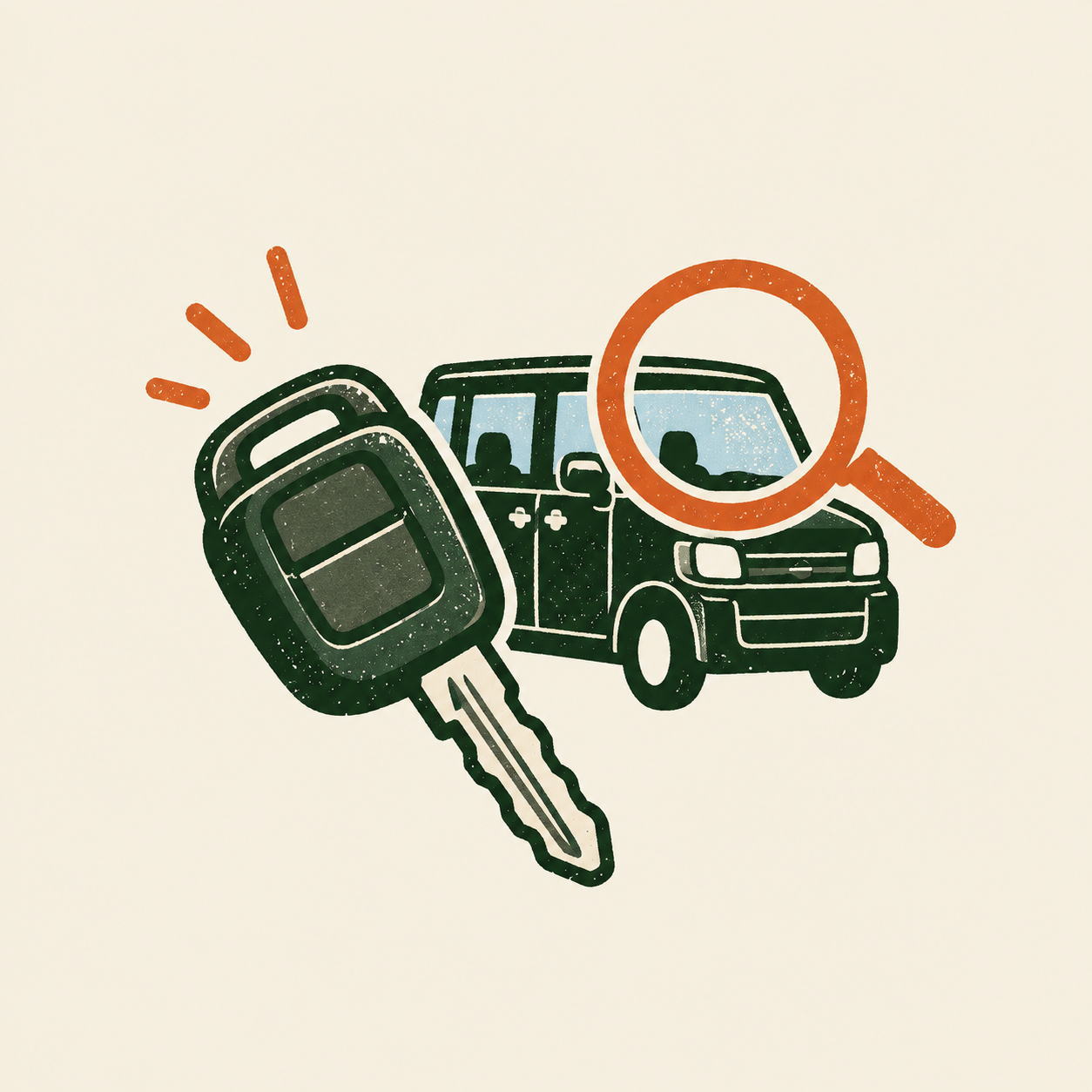 車のキーと虫めがねのイラスト